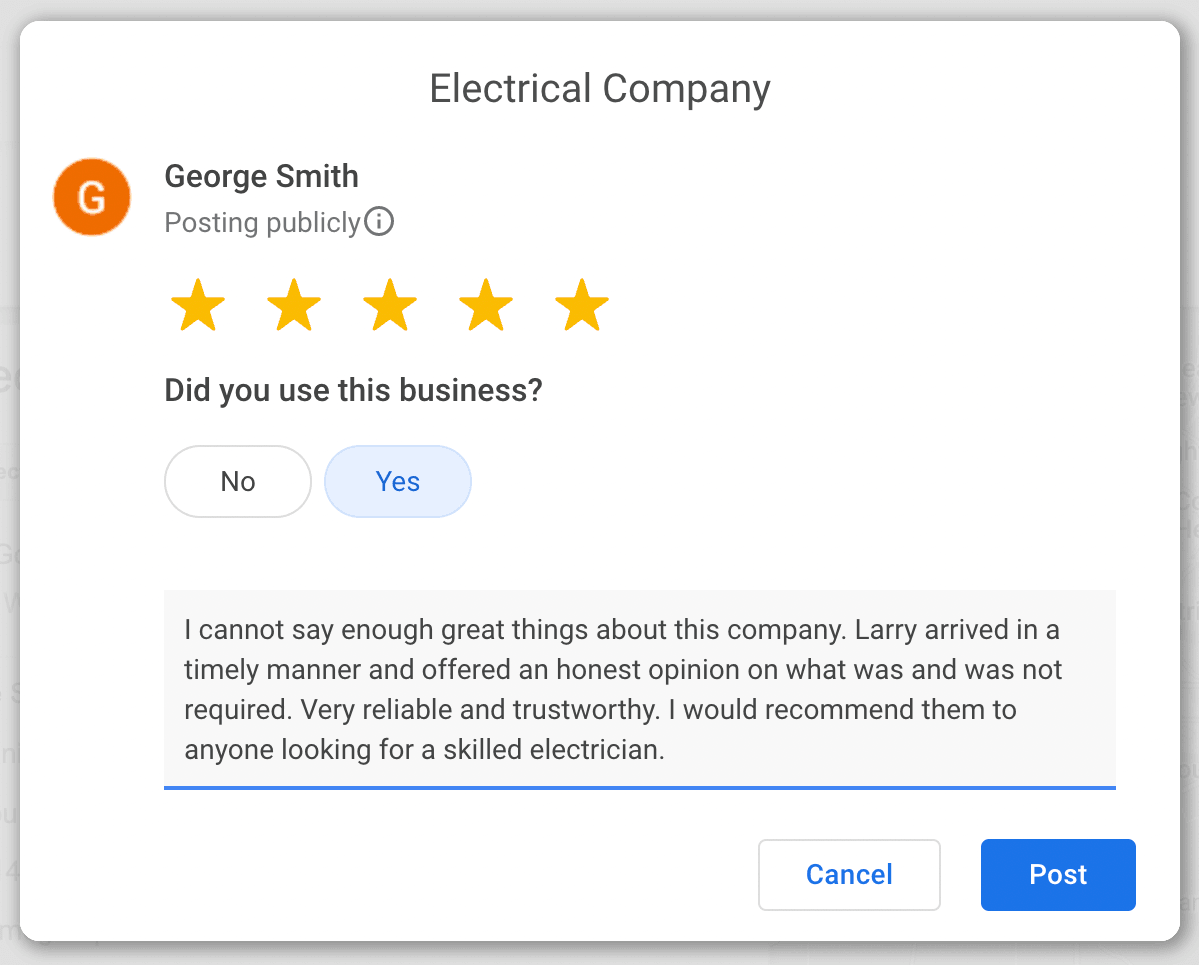 Example of posting a Google review
