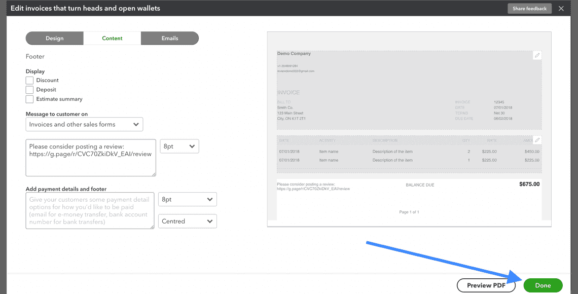 edit invoices content tab editing section with message
