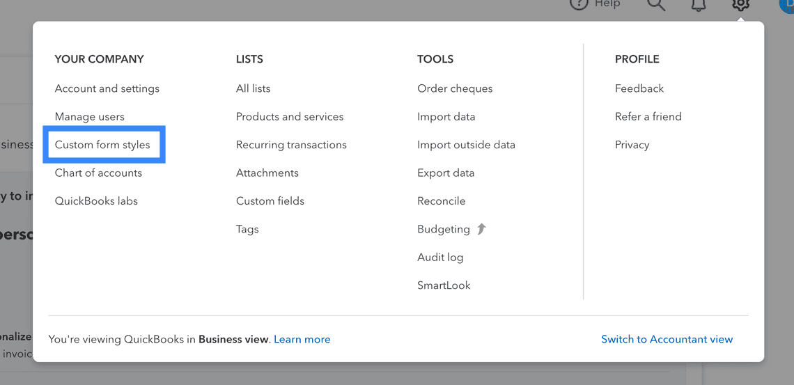 quickbooks online settings menu options